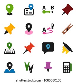 solid vector ixon set - clothespin vector, rolling pin, paper, navigator, map, traking, route, thumbtack, card reader