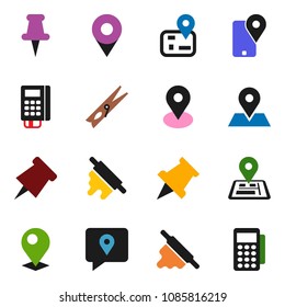 solid vector ixon set - clothespin vector, rolling pin, paper, navigator, map, traking, thumbtack, card reader