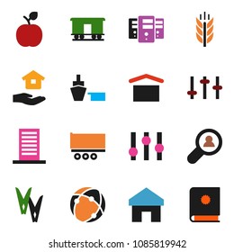 solid vector ixon set - clothespin vector, house hold, apple fruit, cereals, truck trailer, port, dry cargo, Railway carriage, settings, connection, server, home, client search, building, catalog