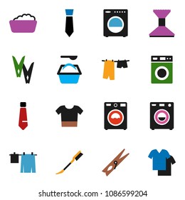 solid vector ixon set - clothespin vector, car fetlock, drying clothes, washer, foam basin, washing powder, tie