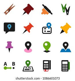 solid vector ixon set - clothespin vector, rolling pin, paper, navigator, map, traking, route, thumbtack, card reader