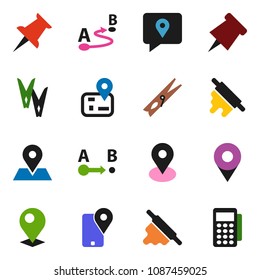 solid vector ixon set - clothespin vector, rolling pin, paper, navigator, map, traking, route, thumbtack, card reader