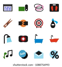 solid vector ixon set - clothespin vector, bath, shower, schedule, music, target, scales, fitness mat, first aid kit, hoop, mail, potion, disconnection, sale, percent