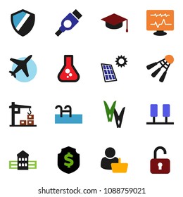 solid vector ixon set - clothespin vector, graduate hat, school building, flask, dollar shield, shuttlecock, plane, hdmi, diagnostic monitor, server, pool, solar panel, construction crane, customer