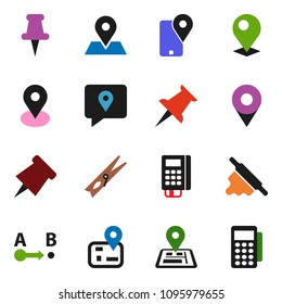 solid vector ixon set - clothespin vector, rolling pin, paper, navigator, map, traking, route, thumbtack, card reader