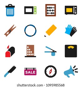 solid vector ixon set - clothespin vector, trash bin, rubber glove, cook press, knife, microwave oven, pencil, compass, abacus, scales, hoop, sale signboard, building, mailbox, loudspeaker
