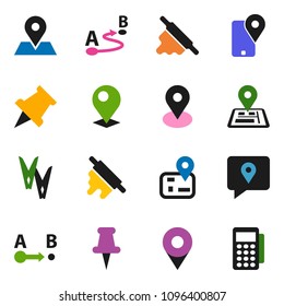 solid vector ixon set - clothespin vector, rolling pin, paper, navigator, map, traking, route, thumbtack, card reader
