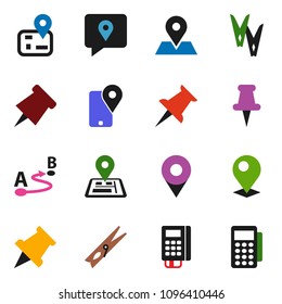 solid vector ixon set - clothespin vector, paper pin, navigator, map, traking, route, thumbtack, card reader