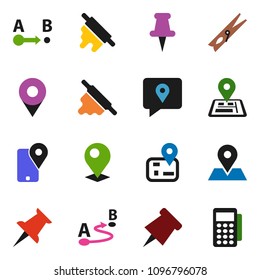 solid vector ixon set - clothespin vector, rolling pin, paper, navigator, map, traking, route, thumbtack, card reader
