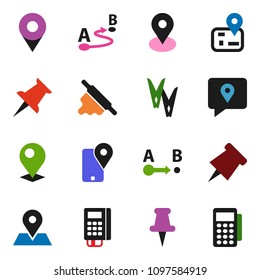solid vector ixon set - clothespin vector, rolling pin, paper, navigator, map, traking, route, thumbtack, card reader