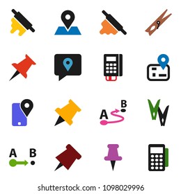 solid vector ixon set - clothespin vector, rolling pin, paper, navigator, map, traking, route, thumbtack, card reader