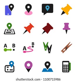 solid vector ixon set - clothespin vector, paper pin, navigator, map, traking, route, thumbtack, card reader