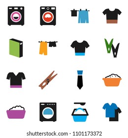 solid vector ixon set - clothespin vector, drying clothes, washer, foam basin, washing powder, tie, t shirt