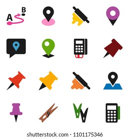 solid vector ixon set - clothespin vector, rolling pin, paper, map, traking, route, thumbtack, card reader