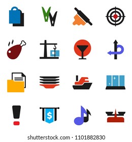 solid vector ixon set - clothespin vector, plates, shining window, rolling pin, chicken leg, music, dollar flag, target, route, ship, document, glass, attention sign, construction crane