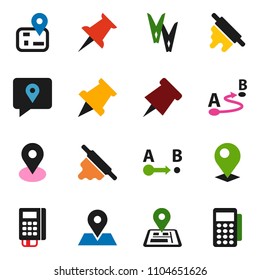solid vector ixon set - clothespin vector, rolling pin, paper, navigator, map, traking, route, thumbtack, card reader