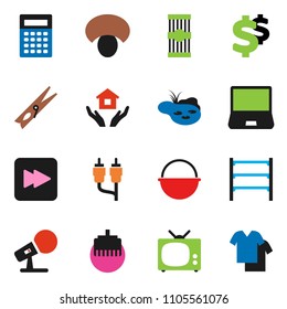 solid vector ixon set - clothespin vector, house hold, camping cauldron, pasta, mushroom, calculator, dollar sign, shelving, microphone, notebook pc, forward button, rca, lan connector, pond, tv
