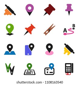 solid vector ixon set - clothespin vector, rolling pin, paper, navigator, map, traking, route, thumbtack, card reader