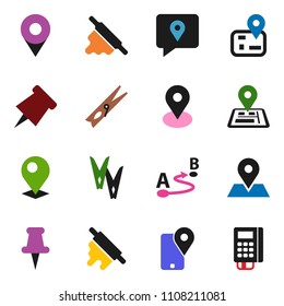 solid vector ixon set - clothespin vector, rolling pin, paper, navigator, map, traking, route, thumbtack, card reader