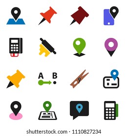solid vector ixon set - clothespin vector, rolling pin, paper, navigator, map, traking, route, thumbtack, card reader