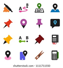 solid vector ixon set - clothespin vector, rolling pin, paper, navigator, map, traking, route, thumbtack, card reader