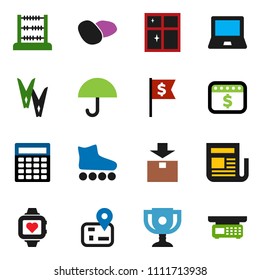 solid vector ixon set - clothespin vector, shining window, potato, notebook pc, award cup, abacus, calculator, dollar flag, calendar, roller Skates, heart monitor, navigator, umbrella, package