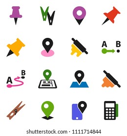 solid vector ixon set - clothespin vector, rolling pin, paper, navigator, map, traking, route, thumbtack, card reader