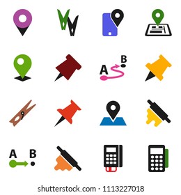 solid vector ixon set - clothespin vector, rolling pin, paper, navigator, map, traking, route, thumbtack, card reader