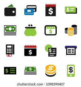 solid vector ixon set - coin stack vector, receipt, dollar calendar, money, credit card, wallet, cash, reader, check, tap pay