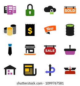 solid vector ixon set - coin stack vector, receipt, tie, route, office, warehouse, oil barrel, newspaper, cloud lock, server, sale signboard, sold, new, basket, store scales