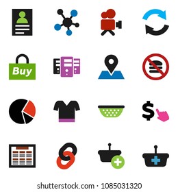 solid vector ixon set - colander vector, schedule, personal information, pie graph, dollar cursor, t shirt, no fastfood, map pin, video camera, social media, server, refresh, chain, buy, basket
