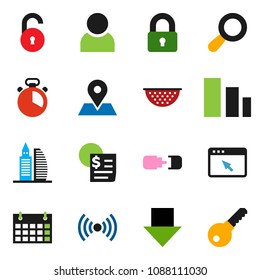 solid vector ixon set - colander vector, cook timer, arrow down, calendar, map pin, receipt, sorting, browser, connection, unlock, user, magnifier, office building, lock, wireless, password