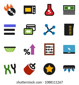 solid vector ixon set - colander vector, measuring cup, microwave oven, abacus, flask, credit card, cash, percent growth, music hit, notebook pc, favorites, rca, chromosomes, network, menu