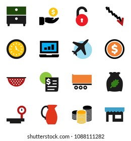 solid vector ixon set - colander vector, jug, cereal, archive, dollar coin, laptop graph, crisis, investment, stack, plane, truck trailer, clock, receipt, big scales, unlock, store