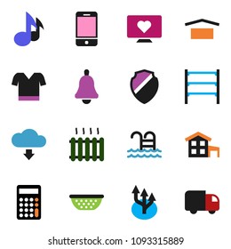 solid vector ixon set - colander vector, bell, music, calculator, t shirt, pool, heart monitor, dry cargo, shelving, mobile phone, shield, cloud download, route arrow, cottage, heating, delivery