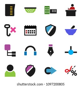 solid vector ixon set - colander vector, measuring cup, pen, school building, student, calendar, no hook, headphones, mortar, connect, shield, arrow, hierarchy, user, coupon