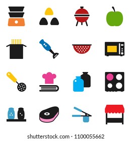 solid vector ixon set - colander vector, cook press, skimmer, microwave oven, double boiler, cookbook, spices, blender, bbq, jar, cereal, pasta, steak, diet, market