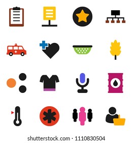 solid vector ixon set - colander vector, thermometer, cereal, man, hierarchy, t shirt, heart cross, clipboard, oil barrel, microphone, favorites, ambulance star, amkbulance car, share, customer