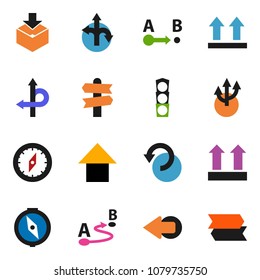 solid vector ixon set - compass vector, arrow up, route, signpost, traffic light, top sign, package, undo