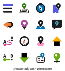 solid vector ixon set - compass vector, arrow down, up, navigator, map pin, traking, route, menu