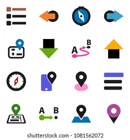 solid vector ixon set - compass vector, arrow down, up, navigator, map pin, traking, route, menu