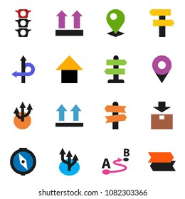 solid vector ixon set - compass vector, arrow up, route, signpost, traffic light, top sign, package, pin