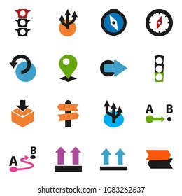 solid vector ixon set - compass vector, signpost, traffic light, top sign, package, route, arrow, undo, pin