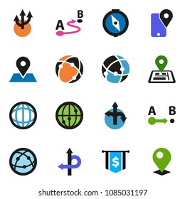 solid vector ixon set - compass vector, world, dollar flag, route, navigator, map pin, traking, internet, connection, arrow