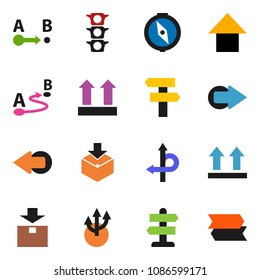 solid vector ixon set - compass vector, arrow up, route, signpost, traffic light, top sign, package