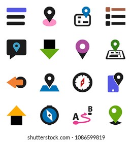 solid vector ixon set - compass vector, arrow down, up, navigator, map pin, traking, route, menu