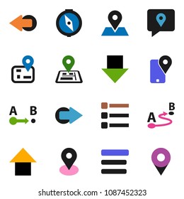 solid vector ixon set - compass vector, arrow down, up, navigator, map pin, traking, route, menu