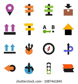 solid vector ixon set - compass vector, arrow up, route, signpost, traffic light, top sign, package, pin