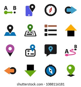 solid vector ixon set - compass vector, arrow down, up, navigator, map pin, traking, route, menu