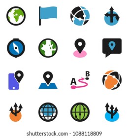 solid vector ixon set - compass vector, world, flag, route, earth, map pin, traking, internet, connection, globe, arrow
